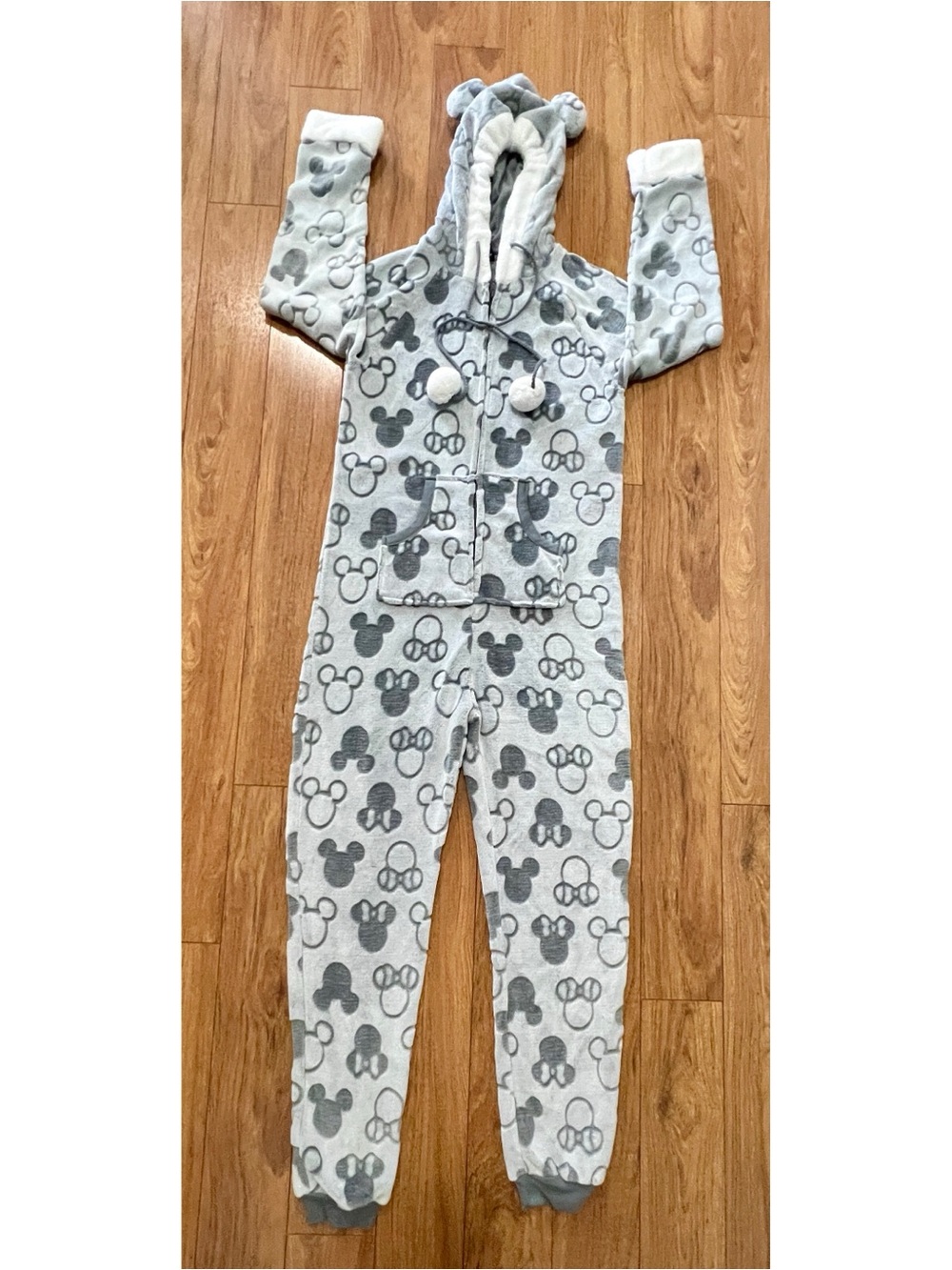 Disney large Mickey & Minnie gray adult hooded onesie EUC